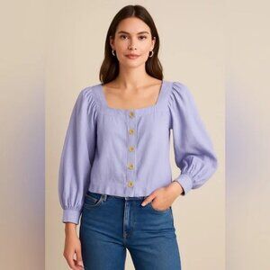 JCrew Lavender Squareneck Button-Front Linen Top in Medium Feminine